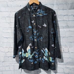 CITRON L Top Ramie Mandarin Collar Butterfly Floral Waves Old Money Luxury AOP